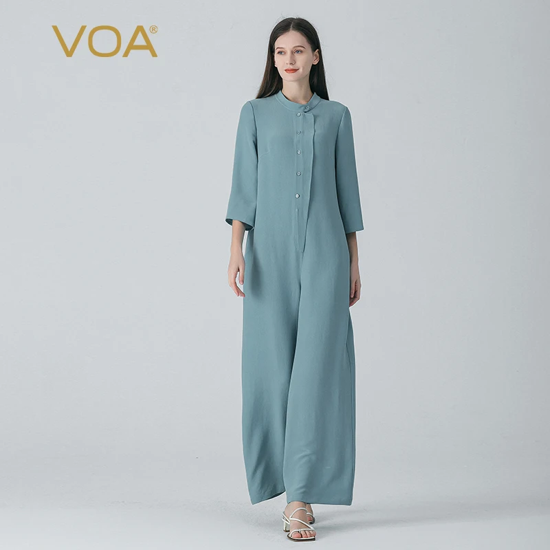 VOA 40 Momme Silk Haze Blue Half High Collar Three Quarter Sleeve Single Breasted Office Simple Straight Jumpsuits Women KE872