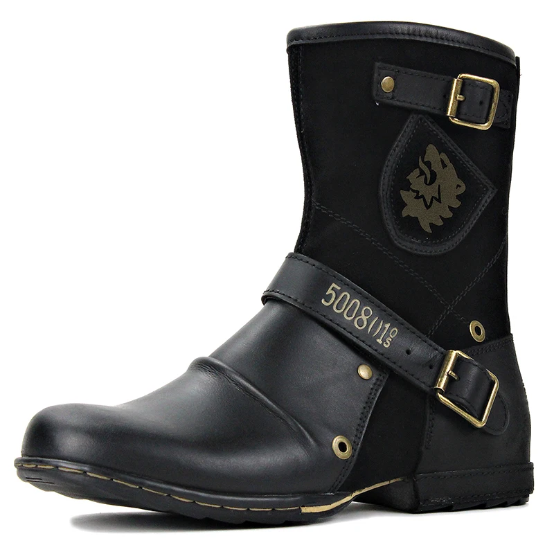 Зимние модные мужские ботинки Highten теплые кожаные винтажные мотоциклетные