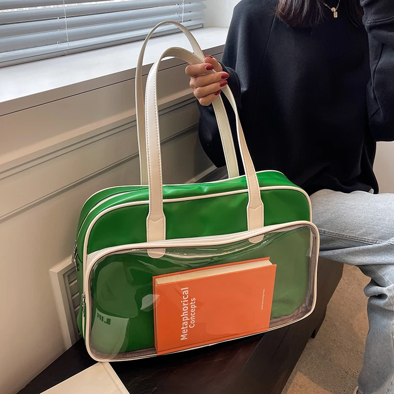 

2022 Summer Fashion Shopper Transparent Leather Travel Bags for Women Large Capacity Men Sports Waterproof Voyage Shoulder Bag