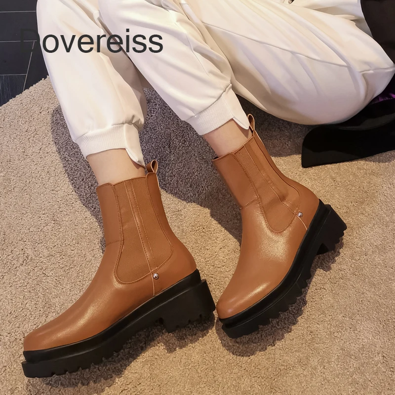 

2022 Winter Waterproof Matin Round Toe Pink Platform Back Zipper Genuine Leather Ankle Boots 6CM Chunky Heels Sexy Ladies Boots