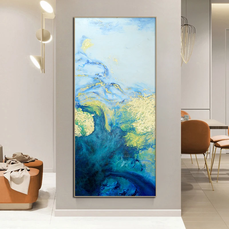 

Abstract Blue Gold Ocean Oil Painting on Canvas Seascape Posters and Prints Gold Foil Cuadros Wall Art Picture Living Room Decor