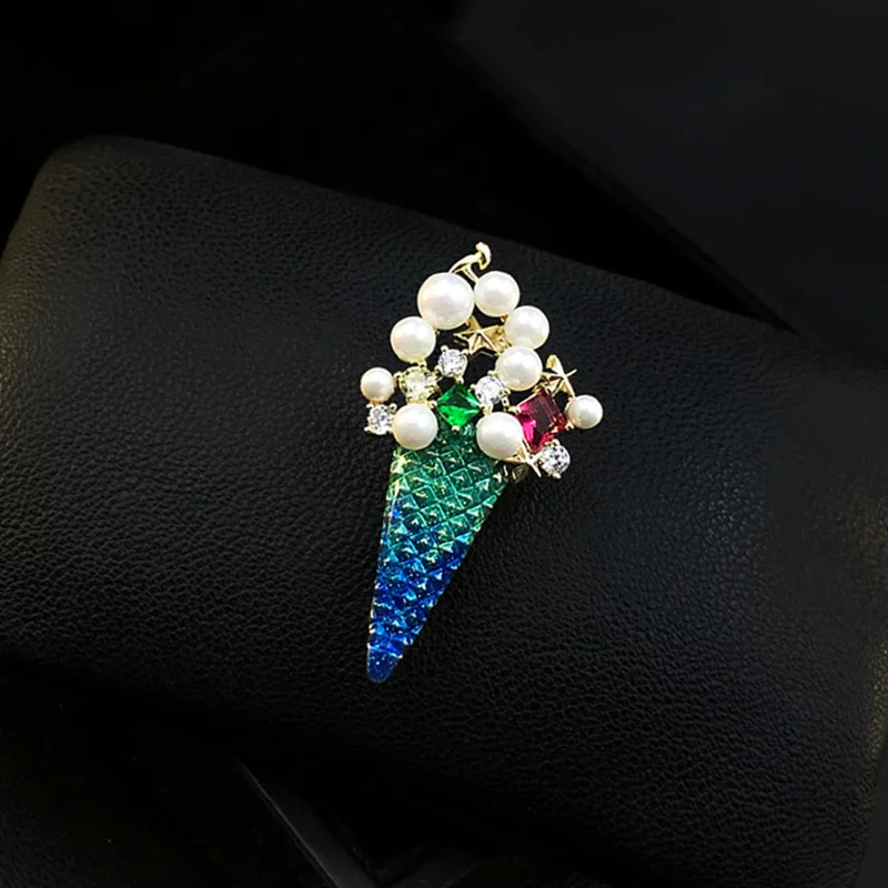 Unique Ice Cream Cone Brooch Exquisite High-End Corsage Summer Cute Suit Pins Clothes Accessories Women Pearl Rhinestone Jewelry