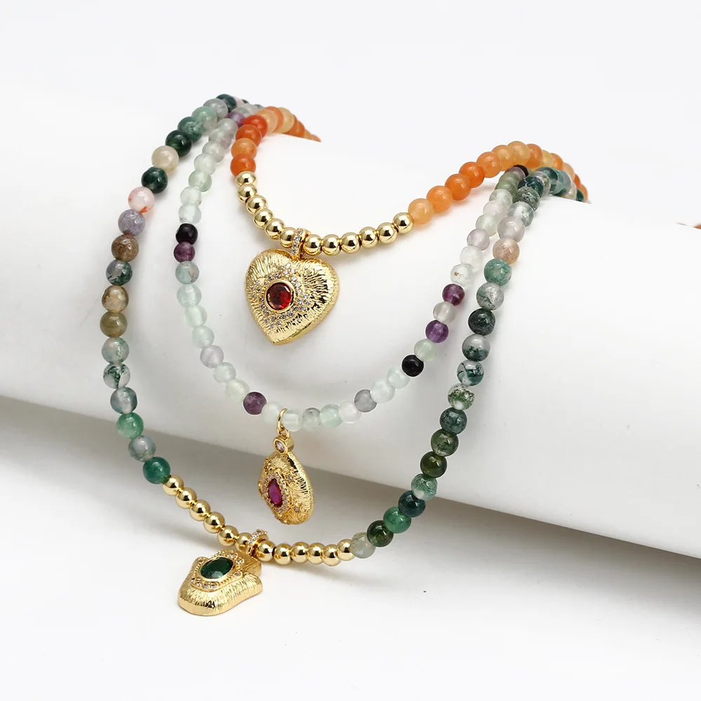 

New Trendy 4mm Natural Stone Beaded Choker Necklace Retro Healing Crystal Hand Star Eye Charm Pendant Necklaces for Women
