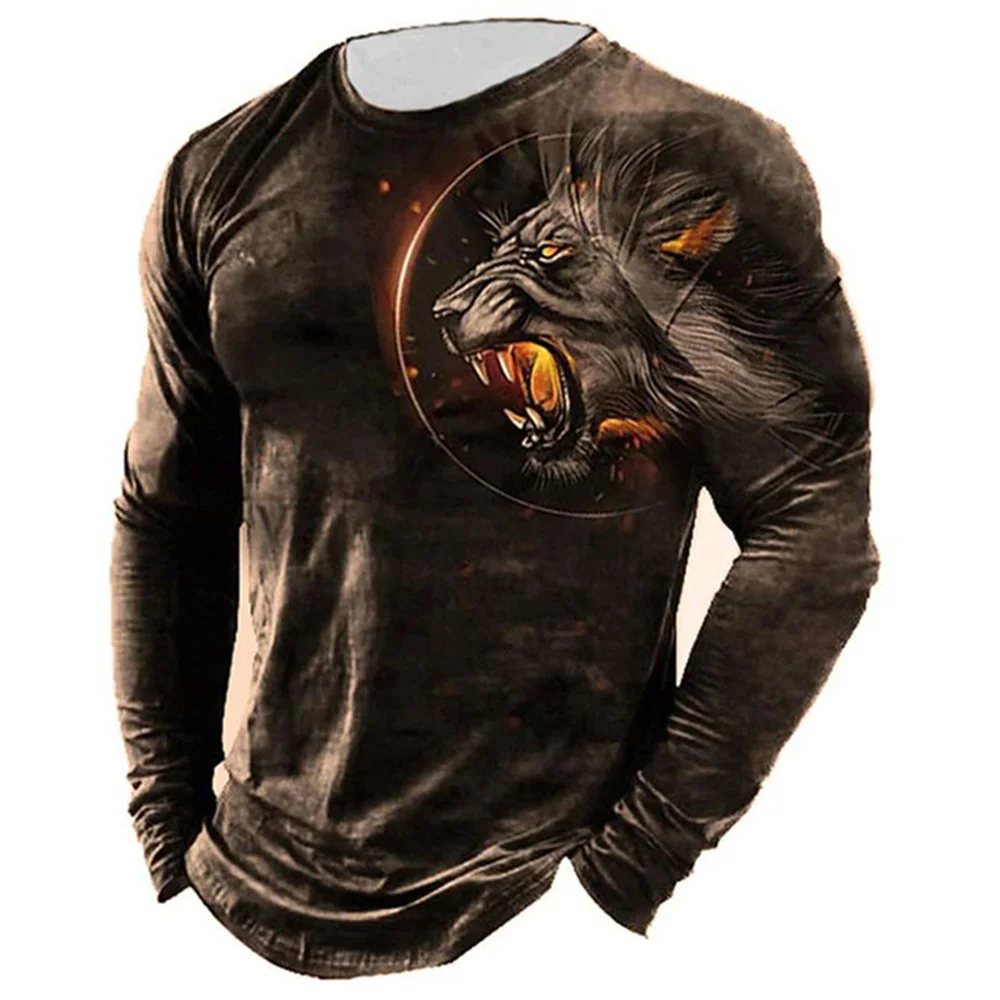 

Мужская Винтажная футболка с длинным рукавом, свободная дышащая футболка с 3D-принтом льва, тигра, 2023