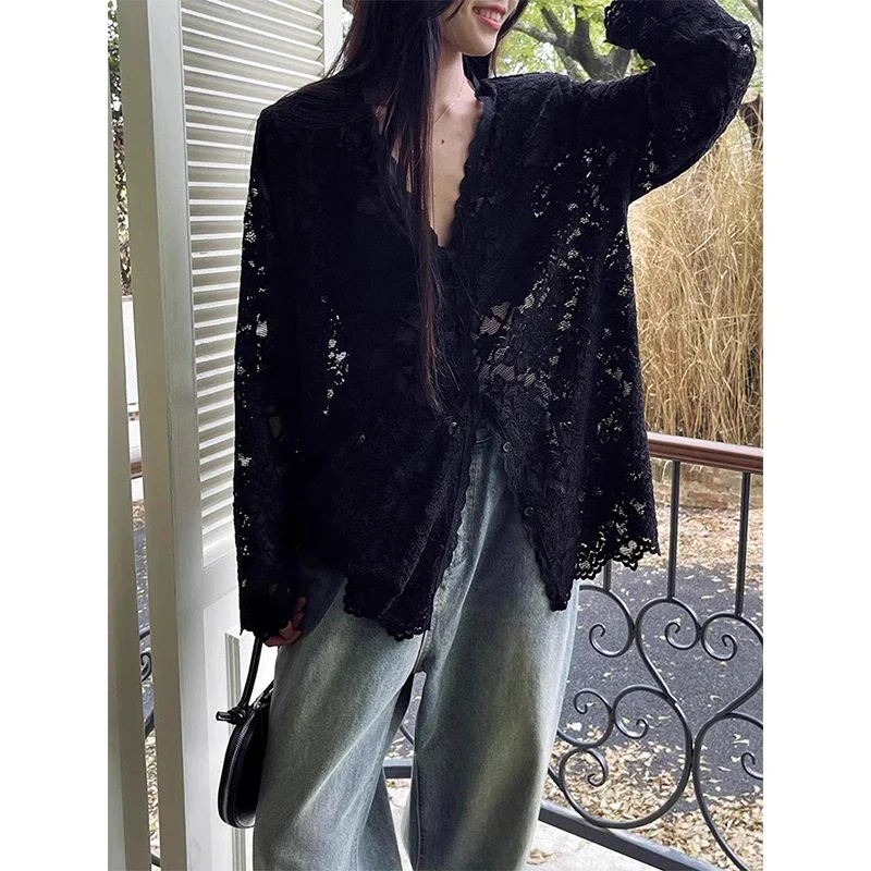 MEXZT Y2K черные кружевные прозрачные рубашки женские модные сексуальные открытые