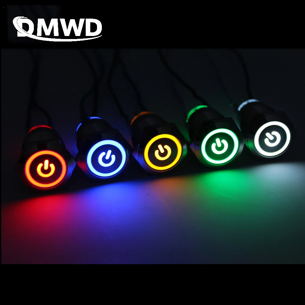 Светодиодный фиксирующий металлический кнопочный переключатель, 19 мм, плоская головка, мгновенное использование, водонепроницаемый, красный, желтый, для автомобиля, ВКЛ-ВЫКЛ, 3 в, 5 В, 6 в, 12 В, 24 В, 220 В