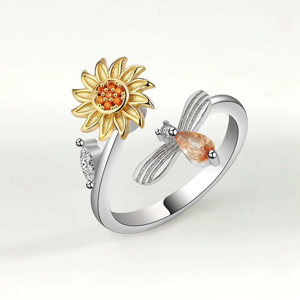 

Korean Style Sunflower Bee Anxiety Rings For Women Opening Finger Ring Rotatable Adjustable Antistress Rotating Jewelry Gift