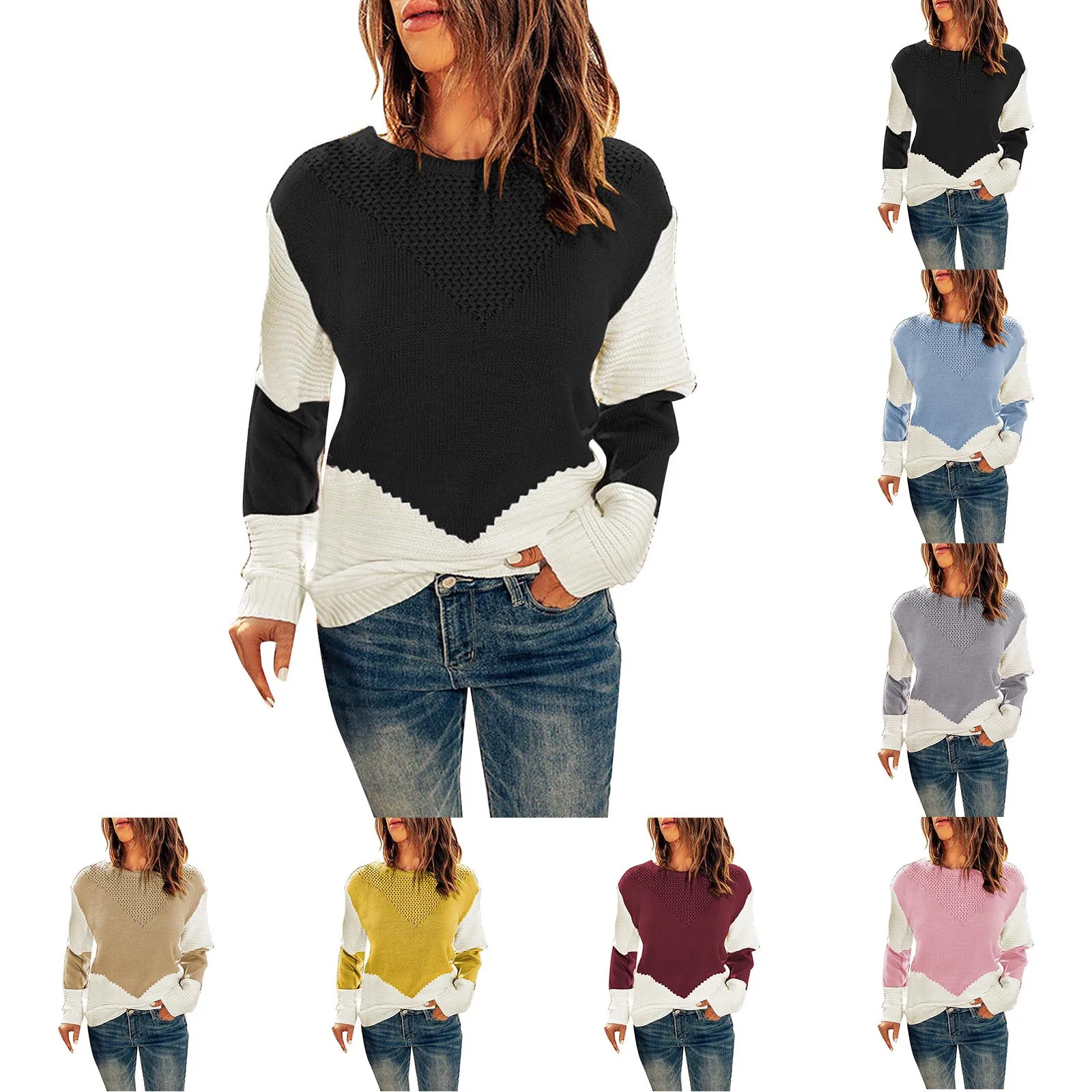 

Женская толстовка на молнии, пуловер с длинным рукавом и круглым вырезом, трикотажный свитер контрастных цветов