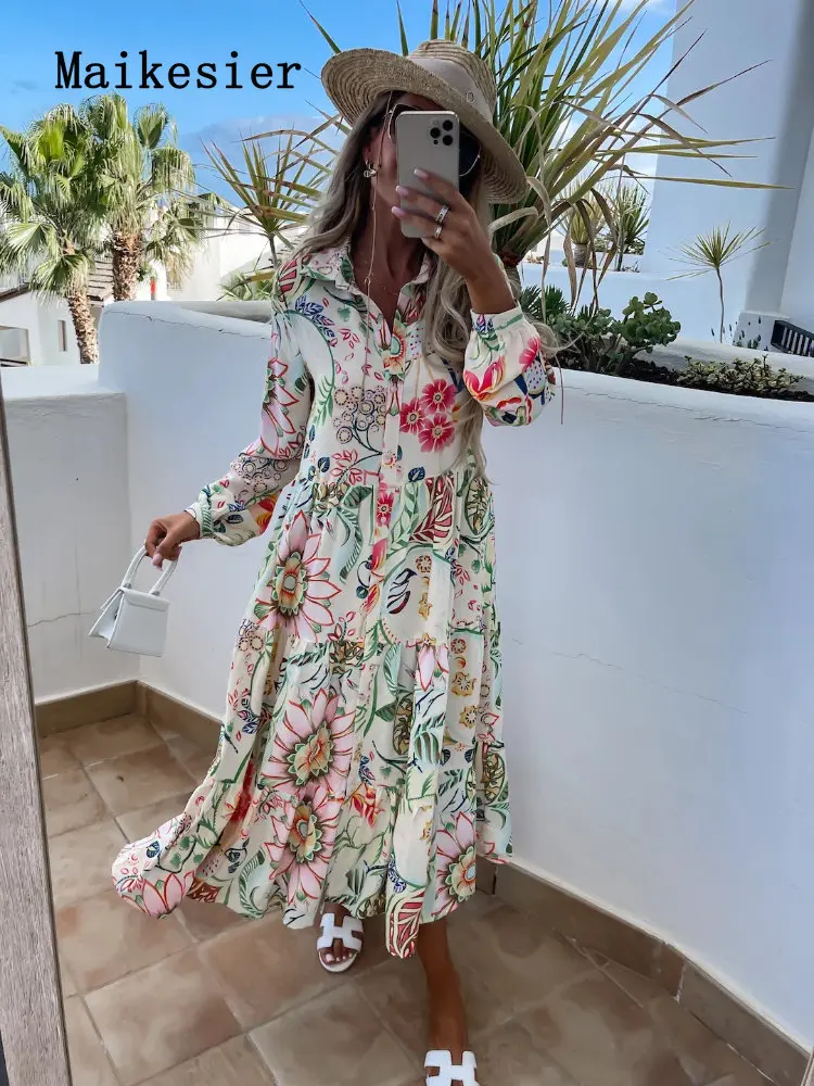 

2022 Fashion Elegant Beach Casual Lapel Bohemian V-neck Printed Dress Casual A-LINE Dresses for Women Sexy Dress Vintage