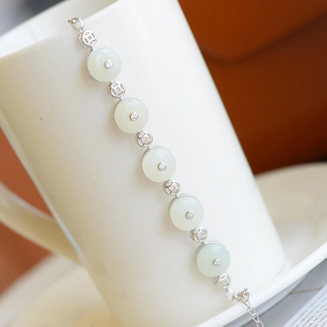 

Natural open 925 sterling silver inlaid hetian white jade retro temperament ladies jewelry bangles charm bracelets for women