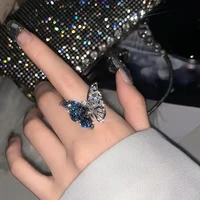 high end luxury blue white crystal diamond stitching butterfly ring adjustable exaggerated personality sweet ladies jewelry