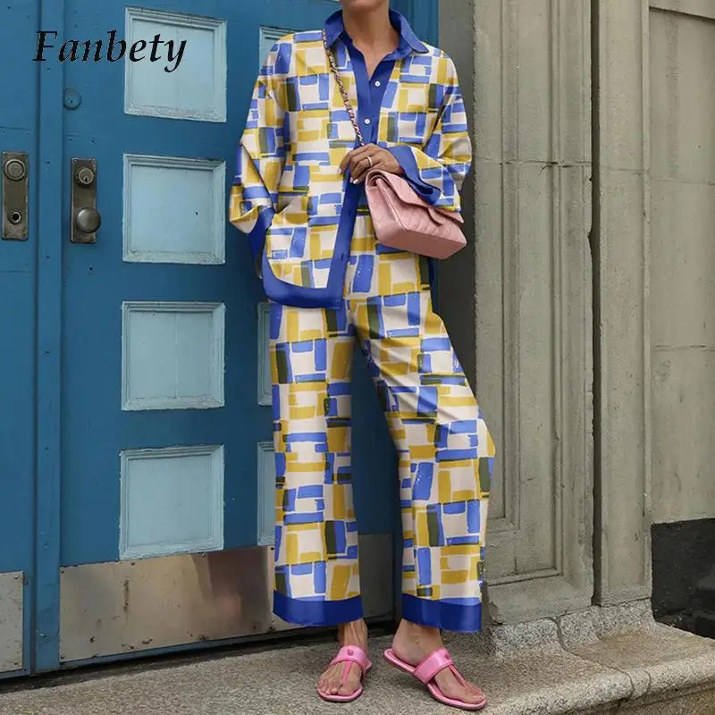 

2022 Chic Long Sleeved Shirt Elastic Waist Trousers Suit Elegant Printed Women's Suit Vintage Casual Ladies Loose Two Piece Set