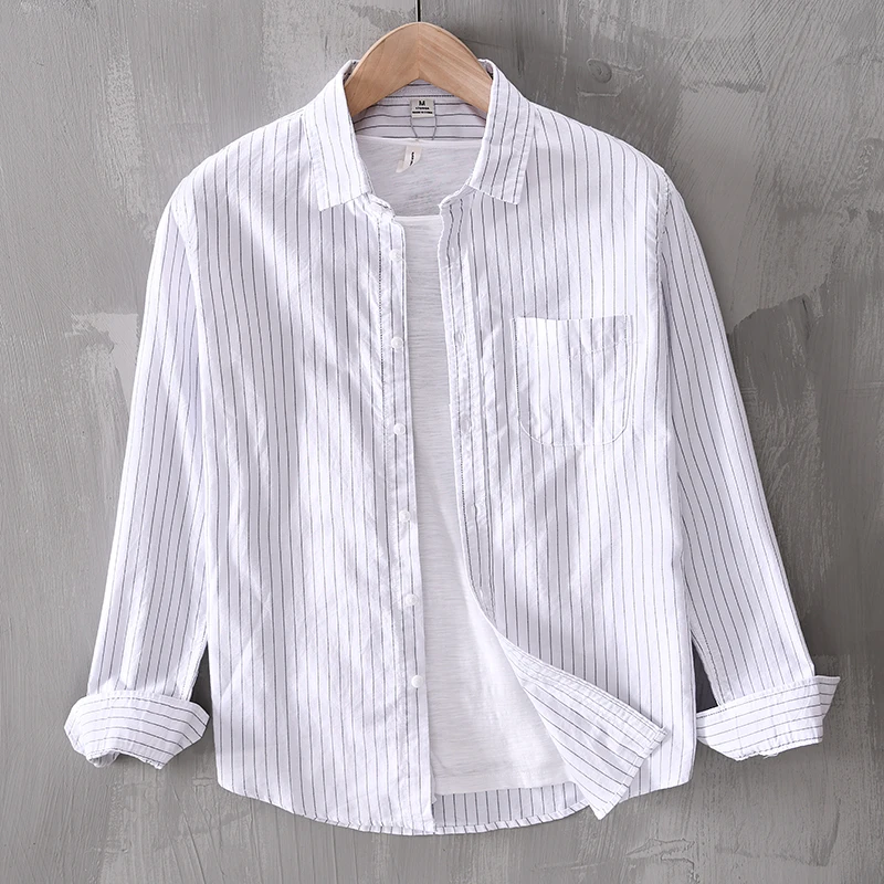 

New Men's striped long sleeve shirt casual white cotton shirts for men brand solid shirt mens fashion comfortable shirts male