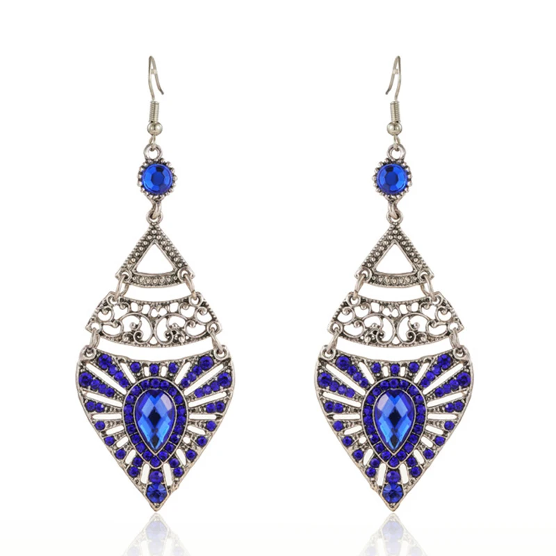 

Vintage Ethnic Blue Rhinestone Water Drop Earrings for Women Boho Long Multilayer Hollow Geometric Dangle Earring Jhumka Jewelry