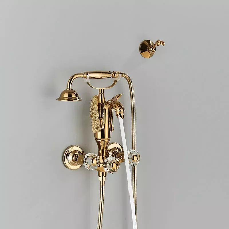 

Gold Bathtub Shower Faucet Wall Mount Hot Cold Water Mixer Crane Tap Bathroom Basin Spout Match Telephone Handheld