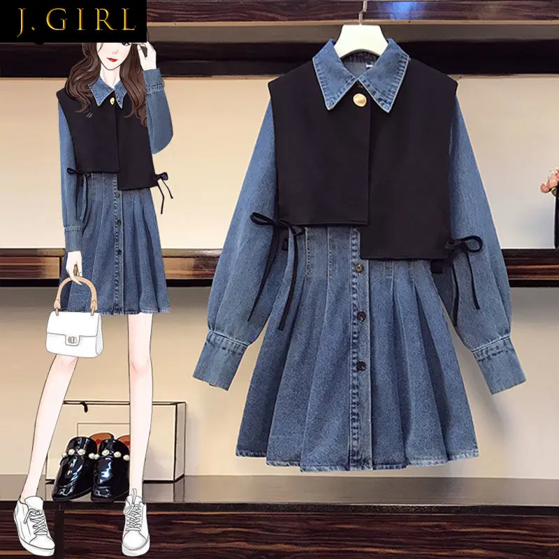 

J GIRLS Sets Women Design Pleated Mini Dress Long Sleeve Turn-down Collar Button-up Denim Vestidos Black Bandage Shrugs Elegant