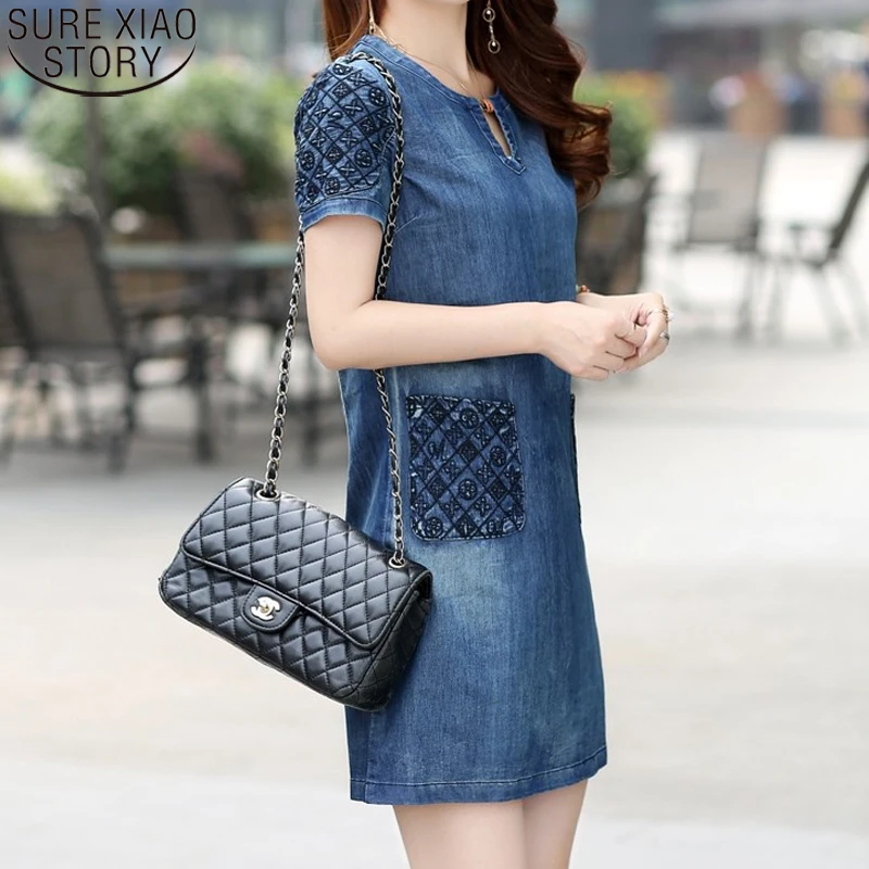 

Elegant Denim Dress New Spring Summer Fashion Hot Quality Casual Loose Jean Dress Lady Casual Slim Short Sleeve Dresses 673J
