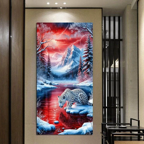 Алмазная живопись "Снежная гора, река, леопард"