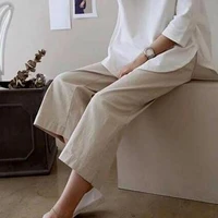 womens harem pants elastic waist straight wide leg flax pants women solid color pockets casual pants lady clothing