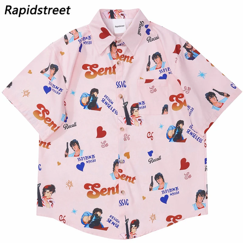 

2022 Men Hip Hop Hawaiian Shirt Streetwear Anime Letter Printed Beach Shirt Harajuku Casual Summer Short Sleeve Aloha Shirt Thin