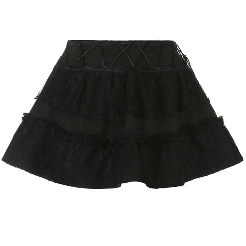 

Women High Waist Black Lace Patchwork Bandage Flared Tiered A-Line Mini Skirt
