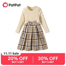 PatPat Kid Girl Dress Bowknot Design Ribbed Plaid Splice Long-sleeve Girls Dress Kids Dresses for Girls Clothes