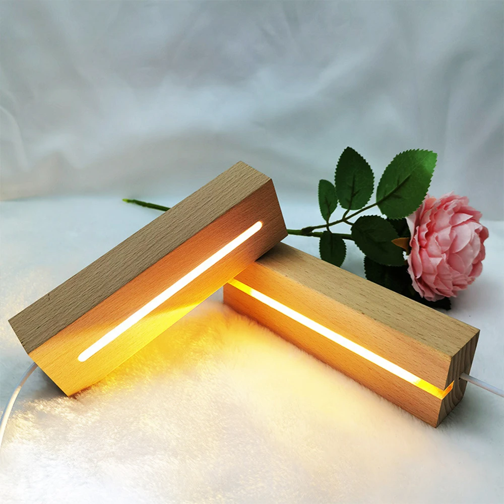 Rectangle Solid Beech Wooden LED Base for Resin Glass Lamp Wood Base USB Powered Warm White Lights Stand Lighting Accessories