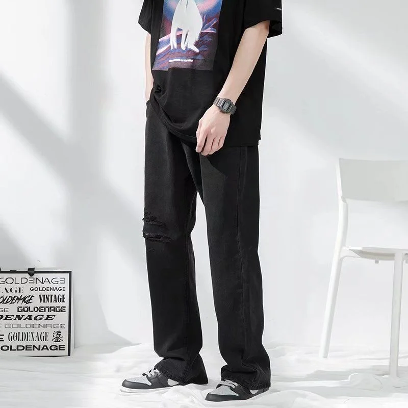 2022 Mens Clothing Summer Black Jeans With Holes Korean Fashion New Ins High Street Personalized Handsome Casual Streetwear