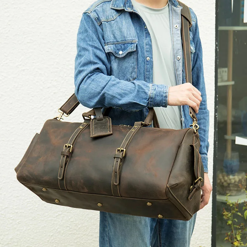 Luufan Travel Bag Vintage Genuine Leather Men's Travel Duffle Bag Women Overnight Weekend Bag Men Male Travel Bag Luggage Bags