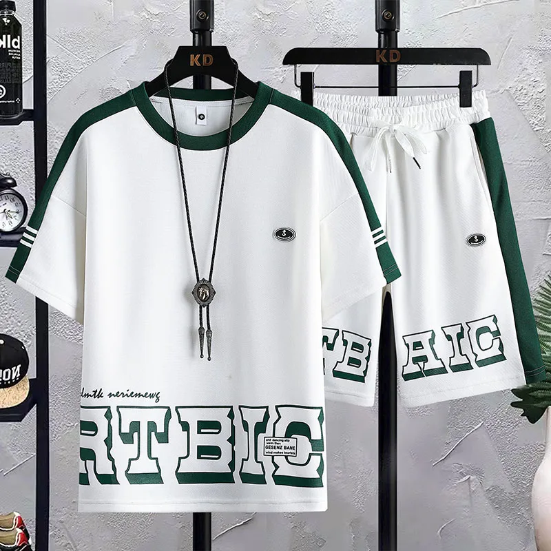 Casual Sports Suit Men's Summer Fashion Brand Fashion Letters Short-Sleeved Men's Suit with Handsome Teen Clothes