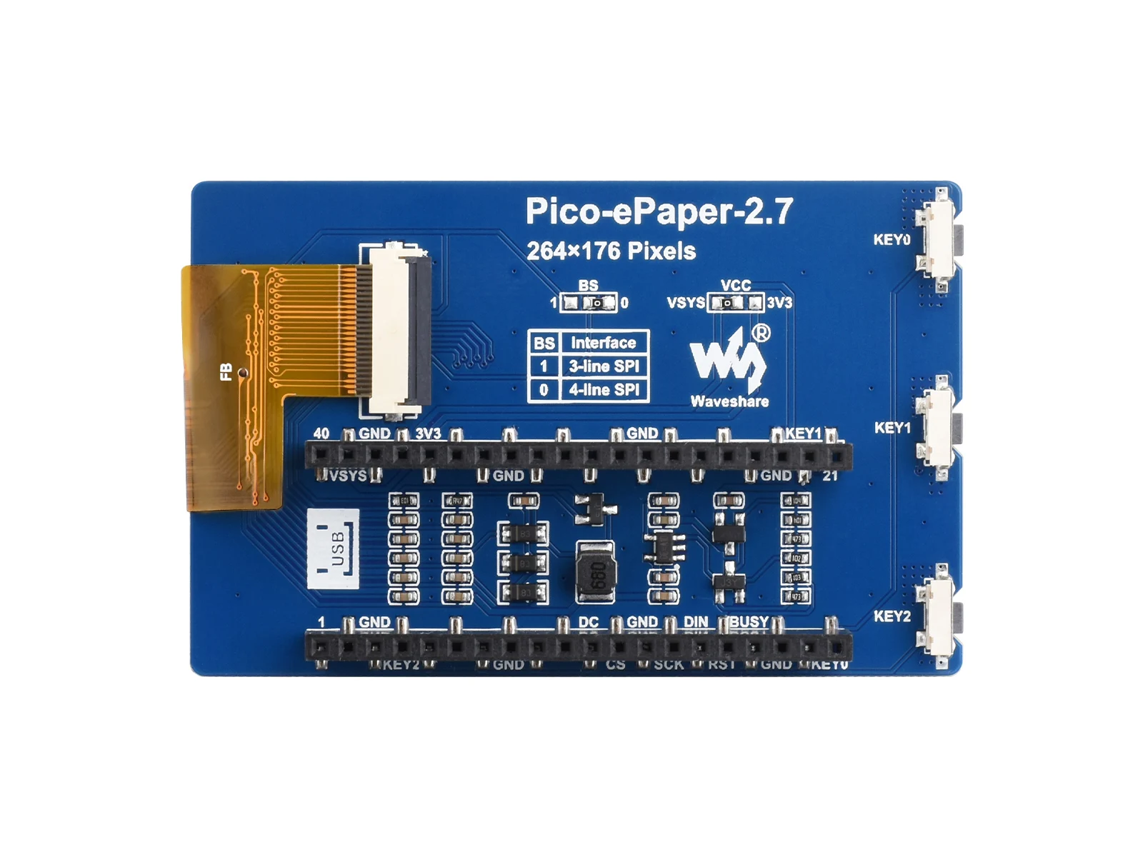 Дисплейный модуль Waveshare 2 7 дюйма E-Paper E-Ink для Raspberry Pi Pico 264 × 176 черный/белый 4 шкалы