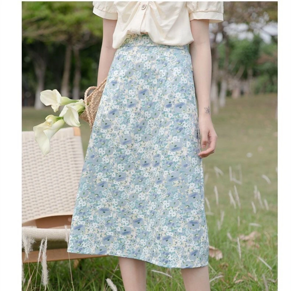 2023 Korean Fashion Floral Print Chiffon Split Skirt Casual Fashion Long Skirts for Women Spring Summer Elegant Female Skirt