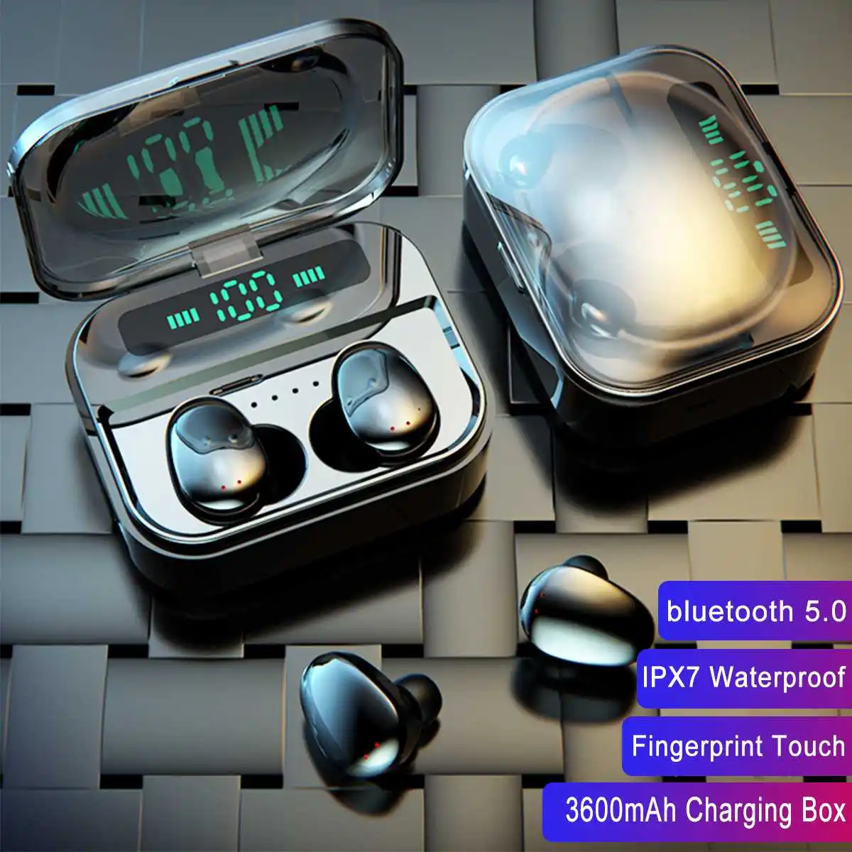

TWS True Wireless Earbuds HD Stereo bluetooth 5.0 Earphones IPX7 Waterproof 3600mAh Power Bank Earphones Fingerprint Touchable