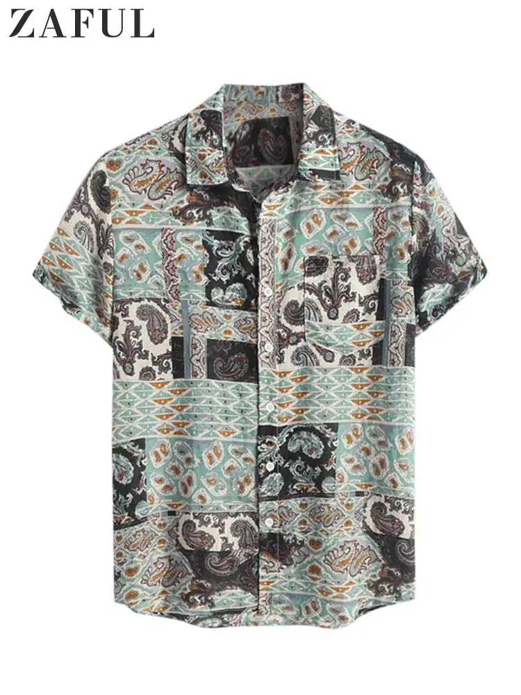 

ZAFUL Cotton Shirts for Men Vintage Ethnic Paisley Printed Short Sleeves Shirt Summer Streetwear Essential Thin Tops Z5095043