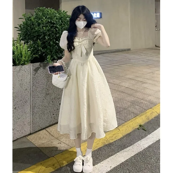 

Square neck dress women's summer temperament is beautiful bowknot first love waist princess skirt bubble short sleeve long skirt