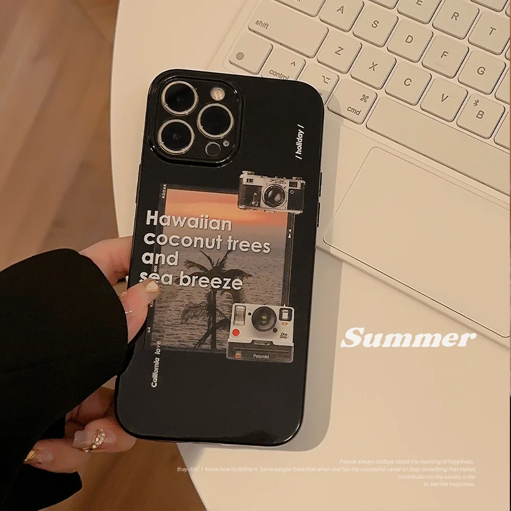

INS Beach Illustrations Black Phone Casing For iPhone 14 Plus Cover 13 11 12 Pro Max 13pro 14ProMax Soft Silicone Bumper Cases