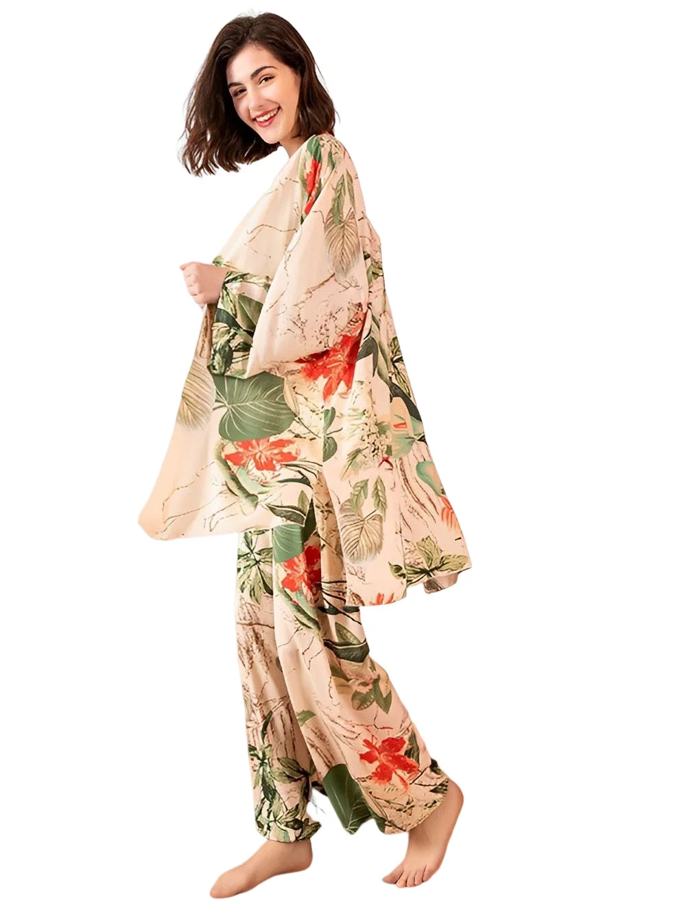 Spring / Summer New 100% 3pcs viscose long-sleeved trousers ladies pajamas suit long Sleepwear women's home Nightwear Robe