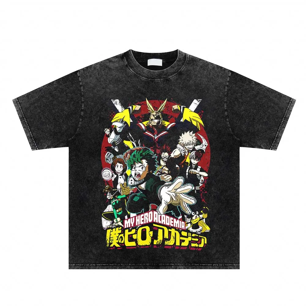 

Футболка мужская оверсайз с принтом аниме Моя геройская академия, винтажная промытая рубашка с коротким рукавом, уличная одежда в стиле Харадзюку