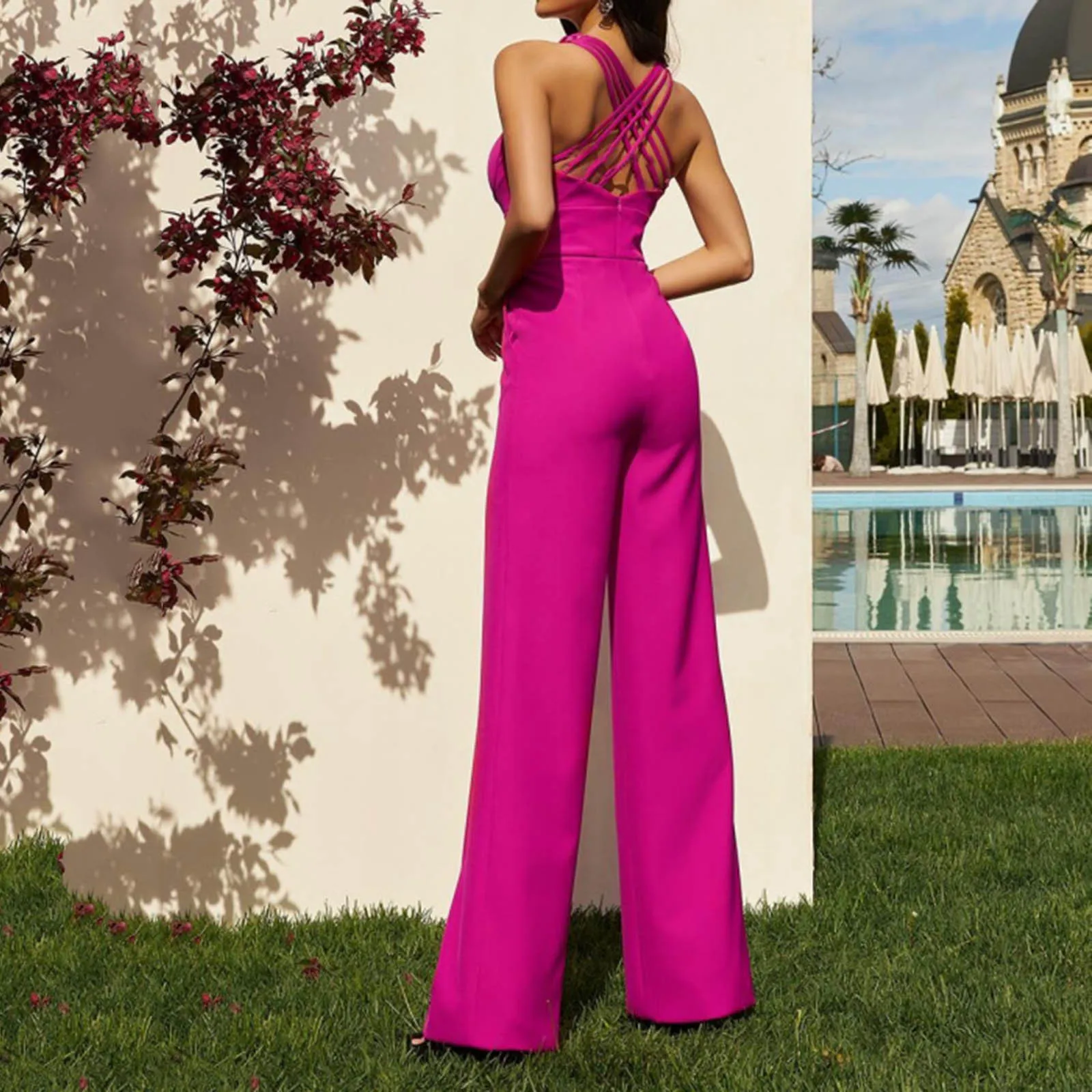 

Женский яркий комбинезон на бретелях, тонкий яркий спортивный комбинезон с V-образным вырезом и открытыми плечами, Длинные Комбинезоны для ...