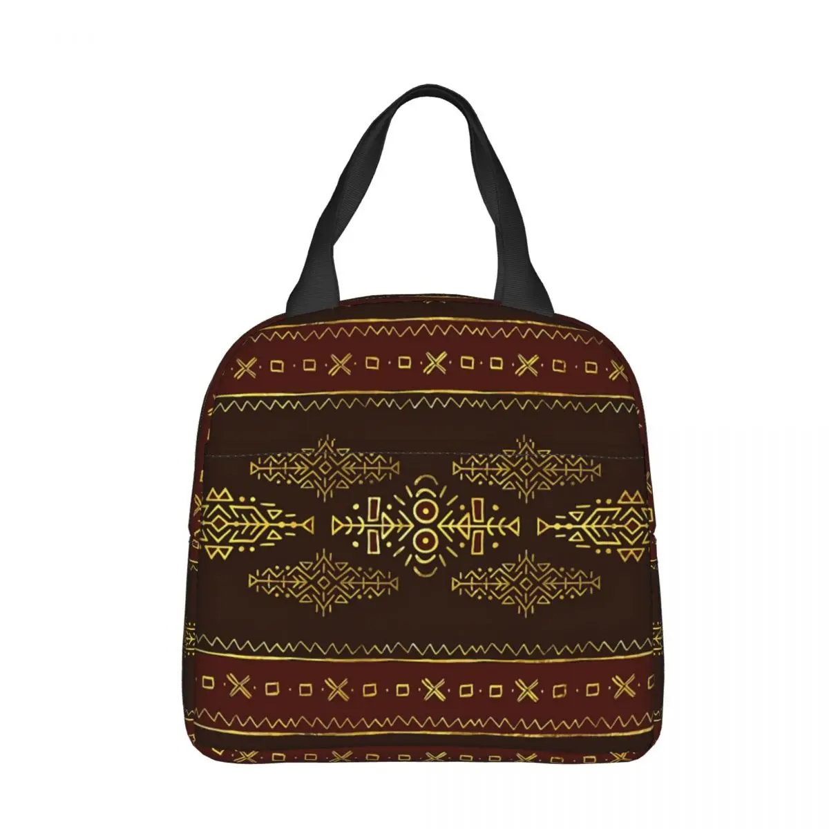 

Golden Tribal Composition Oxford Cloth Portable Bags Ethnic African School Trip Lunch Hiking Debris Cooler Food Handbags