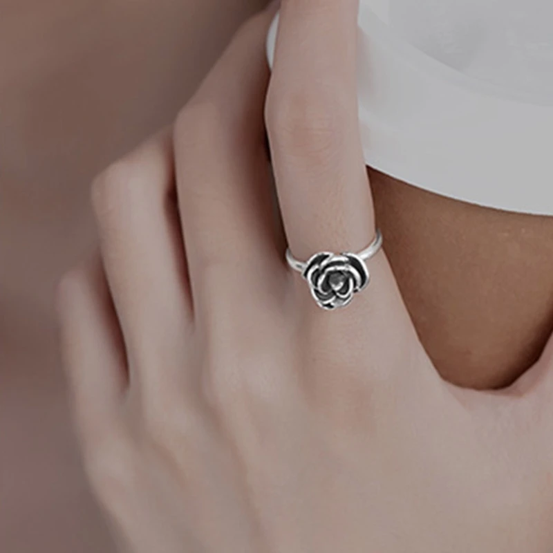 

Rose Flower Shape Ring Adjustable Open Ring Silver Self for PROTECTION Ring Simple Cool Rings for Men Women Jewel