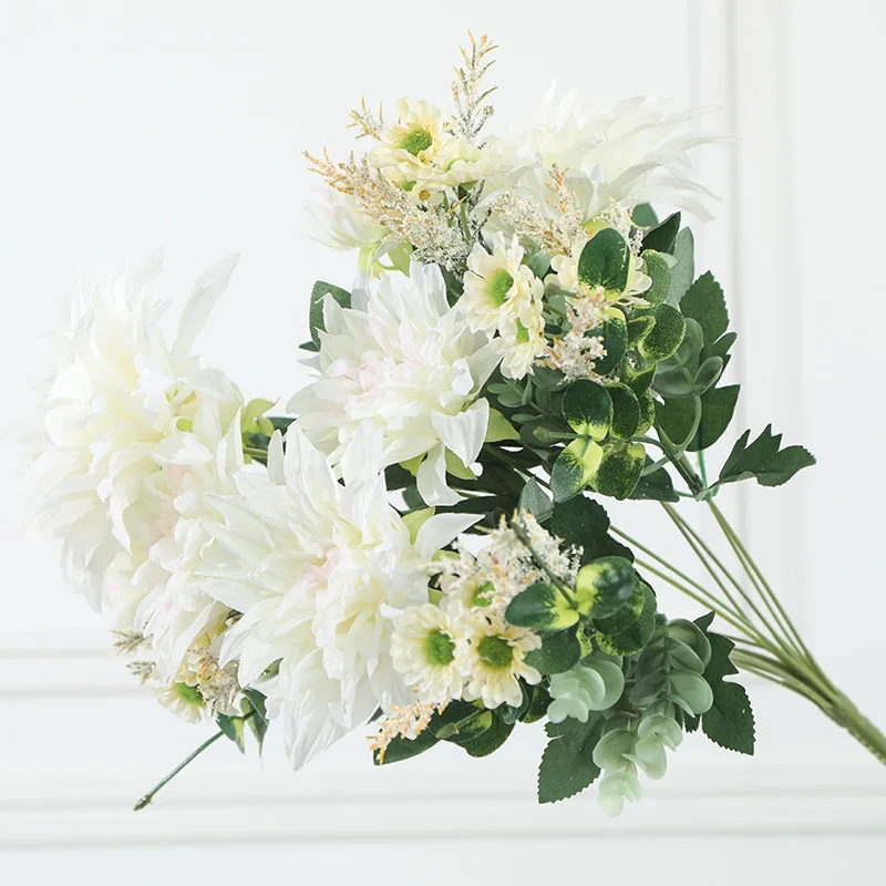

LuanQI 12 Heads Artificial Large Dahlia High Quality Silk Fake Flower Pink Bule Chrysanthemum DIY Garland Wedding Tabe Decoratio