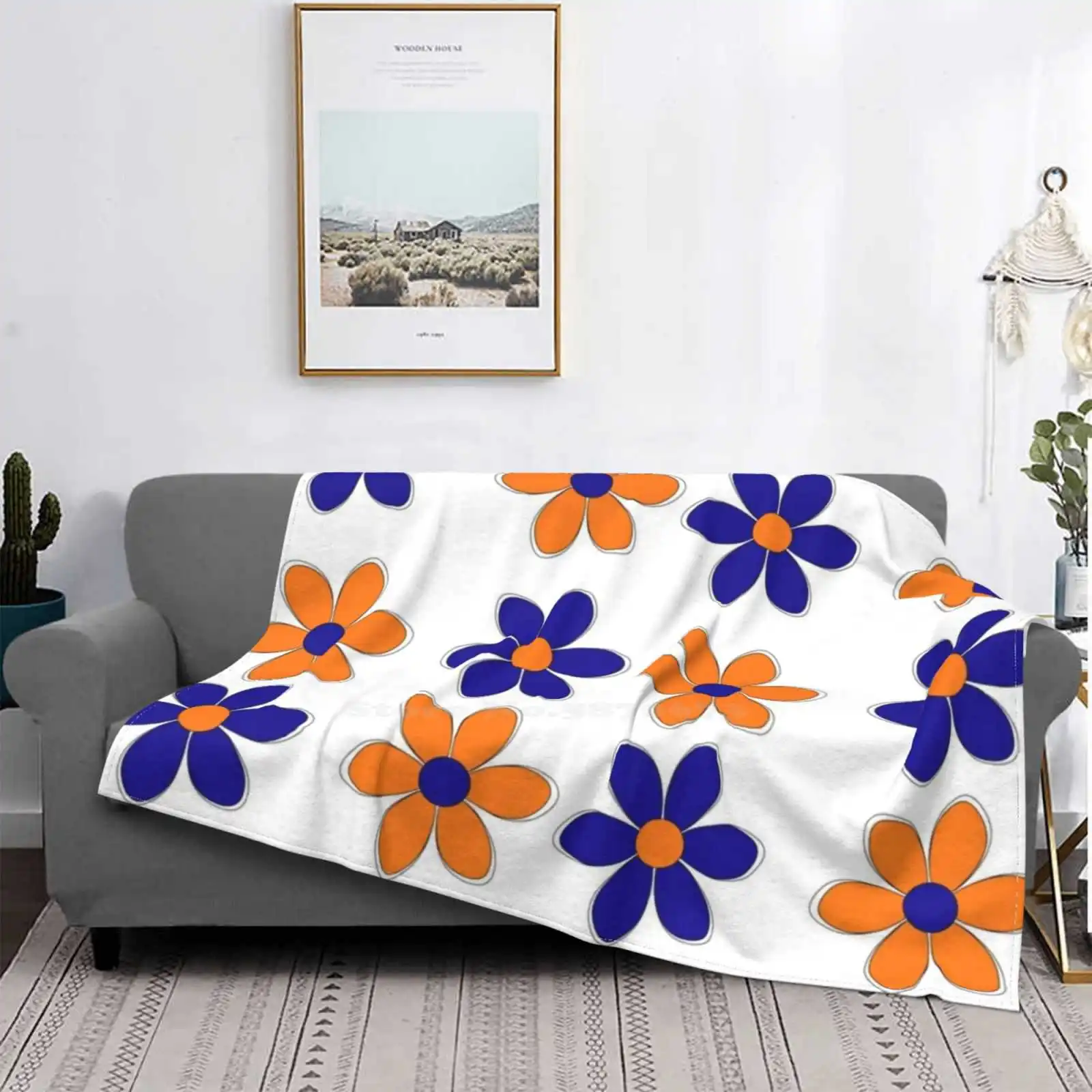 

Blue And Orange Flowers - School Colors Super Warm Soft Blankets Throw On Sofa/Bed/Travel U Of I University Of Illinois Uiuc