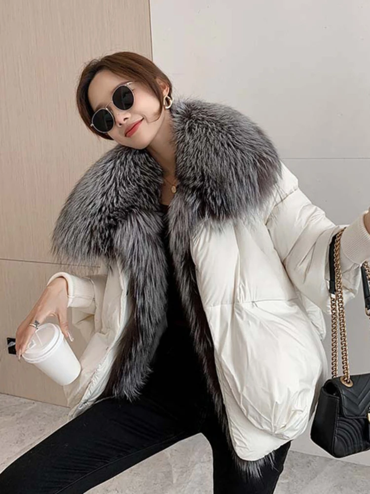 2022 New Autumn 90 Winter Goose Down Jacket Warm Women Coat Oversized Real Fox Fur Collar Thick Luxury Fashion Outerwear