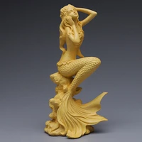 wooden mermaid statue hand carved modern art sculpture cute home decoration accessories solid wood figurines
