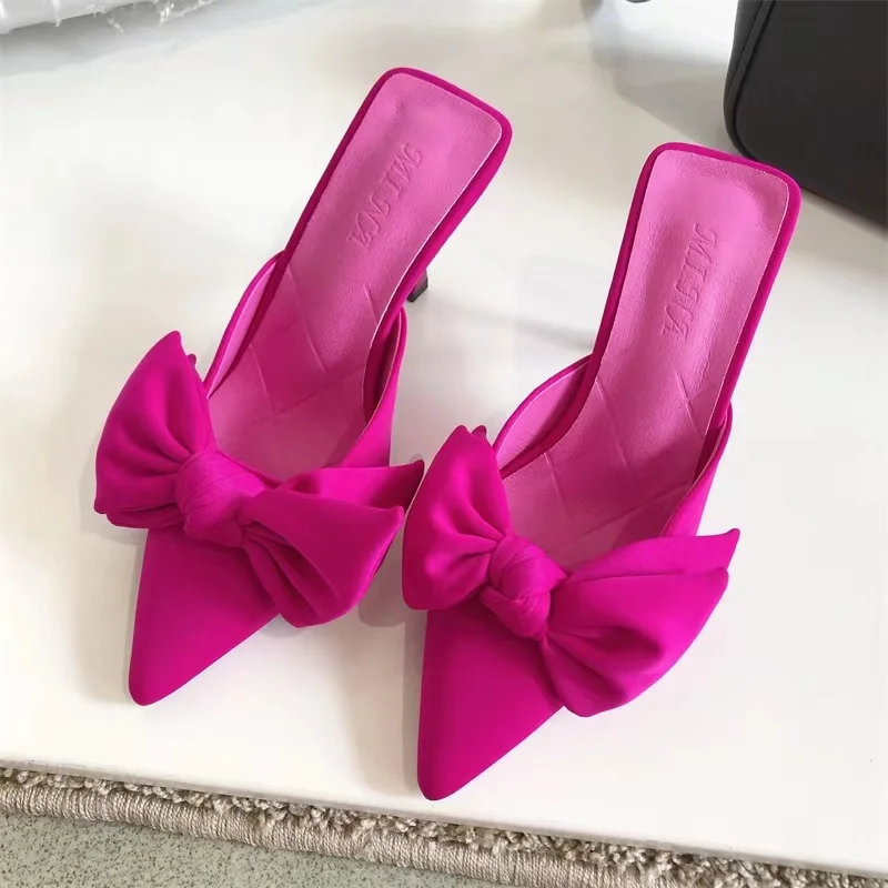 

2023 New Summer Big Butterfly-knot Women Slippers Sandals Shallow Pointed Toe Mules Stripper High Heel Pumps Ladies Shoes صنادل