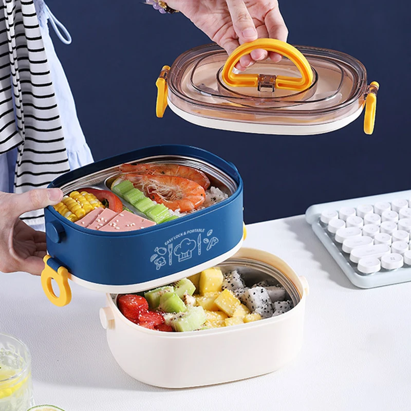 

Lunch Box Food Container For School Kids Office Worker 304 Stainless Steel Double Layer Bento Box with Spoon Food Storage Box