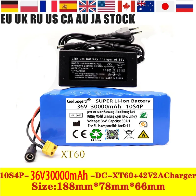 

2022 New Cool Leopard 36V 30Ah 10S4P XT60 600W 18650 Li-Ion Battery Voor 42V E-fiets Elektrische Fiets Scooter Met Bms + Lader