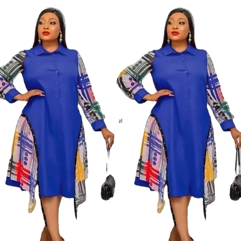 

African Dashiki Print Shirt Dresses Women Ankara Outfits 2022 Summer Autumn Long Sleeve Dress Office Ladies Elegant Overalls