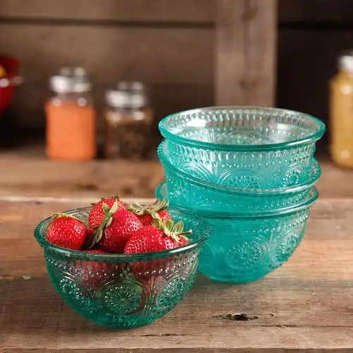 

Adeline 4-Piece 13-Ounce Embossed Glass Bowl Set, Teal